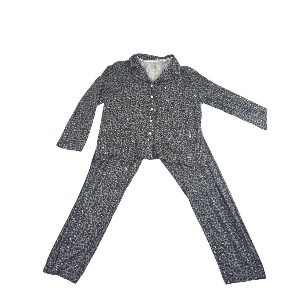 Nine West Sleepwear Womens Leopard Print Pajama Set Grey Black L Long‎ Sleeve
